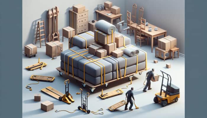 Handling Bulky Items During House Clearance: Person using sliders, straps, and dolly to move heavy furniture safely with blankets and protectors.