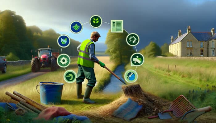 A person in a green vest using sustainable tools to clear land in a serene UK landscape, with legal documents and eco-friendly signs.
