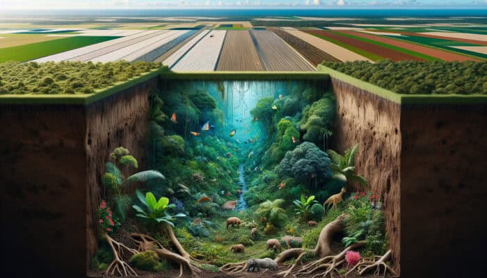 A vibrant ecosystem with lush vegetation, diverse wildlife, and healthy soil, symbolizing sustainable land clearing benefits.