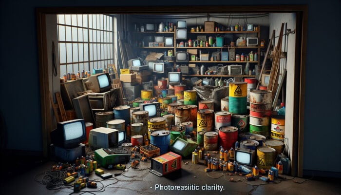 Hazardous Waste Regs for House Clearance: A cluttered garage with hazardous wastes like leaking paint cans, corroding batteries, and old electronic devices, all labeled with warning signs.