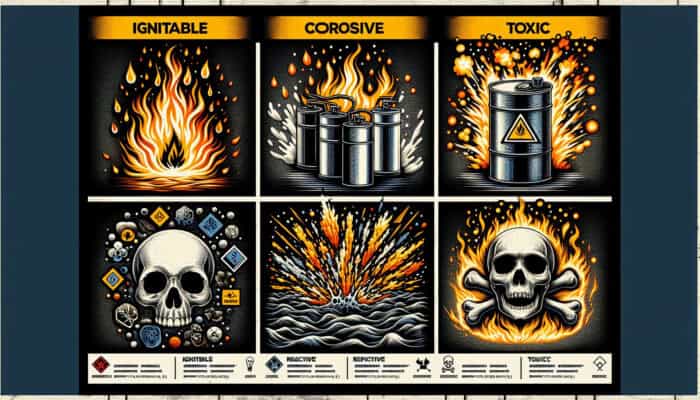 Infographic showing hazardous waste categories: ignitable, corrosive, reactive, toxic, with symbols and examples.