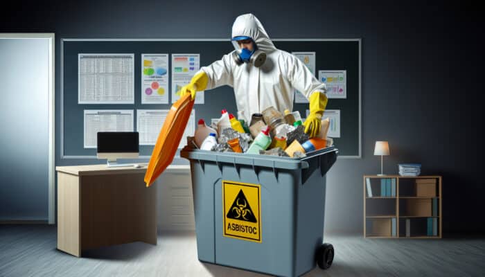 A hazardous waste expert disposing of household items like cleaners and asbestos into a specialized container, ensuring safety and compliance.