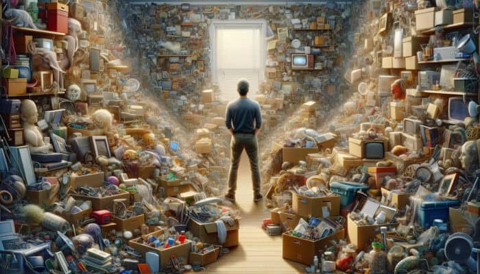 Packing Tips for House Clearance Novices: A person evaluates items in a cluttered room, deciding what to keep based on sentimentality and utility.