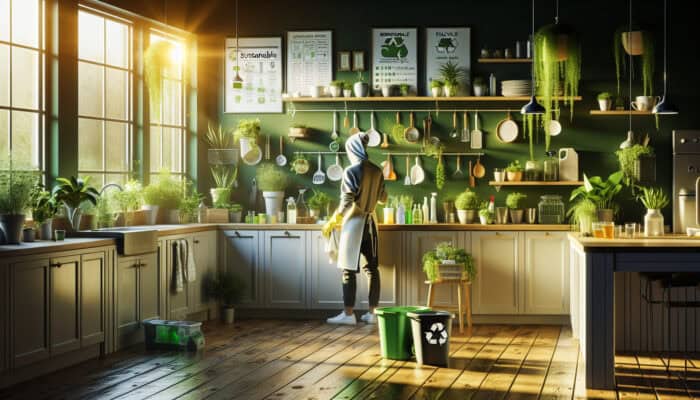 Green Cleaning Tips Post-House Clearance: Sunlit kitchen: person in sustainable attire cleans counters with biodegradable sprays and reusable cloths, surrounded by plants and recycling bins.