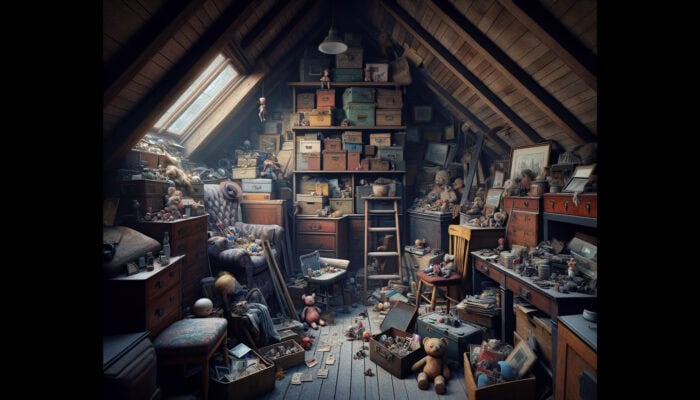Emotional Waste Tips for House Clearance: Cluttered attic in a traditional UK home filled with dusty inherited furniture, faded toys, and old photo albums, evoking emotional waste and nostalgia.