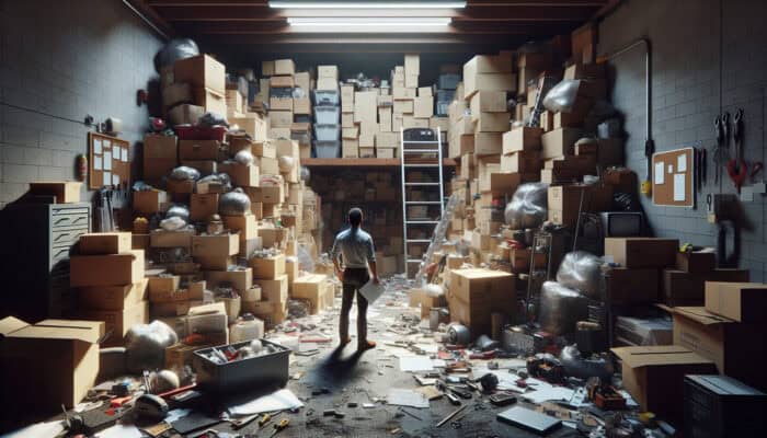 How to Clear a UK Garage as a Beginner: Homeowner planning in a cluttered garage with towering boxes, scattered tools, and hidden items under fluorescent lights.