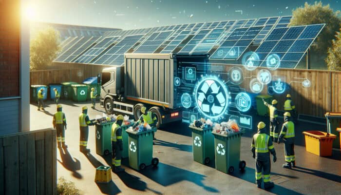 Compliance for UK House Clearance 2025: 2025 UK house clearance scene: Workers in hi-vis gear sort waste into color-coded bins, electric truck under solar panels, digital holograms displaying eco-certifications.
