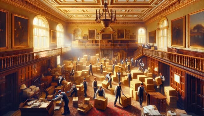 A team of experts clears a cluttered Victorian house, packing antique furniture into boxes and loading a van under golden sunlight.