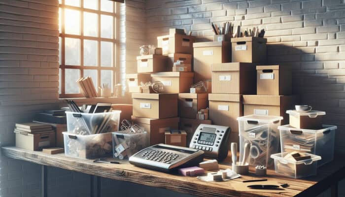 A cluttered home office being organized with stacked boxes, filled storage bins, and a label maker in soft natural light.