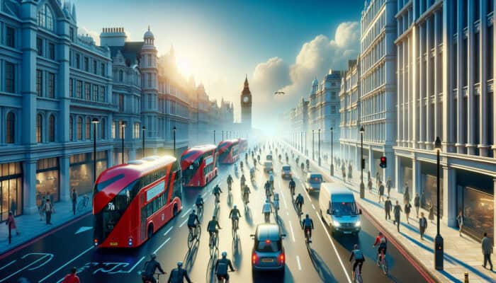 Eco Transport Hacks For Clearance Items: Bustling London street at dawn: cyclists on lanes, pedestrians walking, red double-decker buses and trains, under clear blue sky symbolizing sustainability.