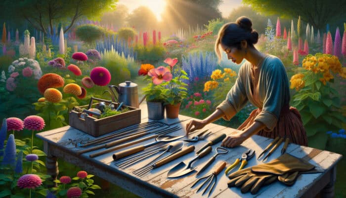 A gardener thoughtfully selects shiny shovels, sharp pruners, and sturdy gloves on a rustic table in a sunlit garden with blooming flowers.