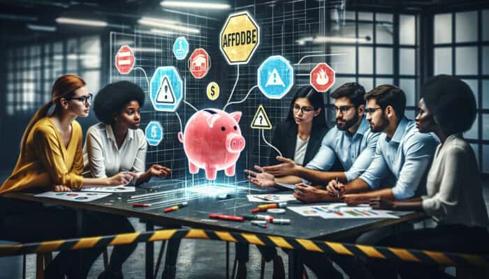 A diverse team of engineers in a modern workshop brainstorming safety measures with affordable tools and budget charts.