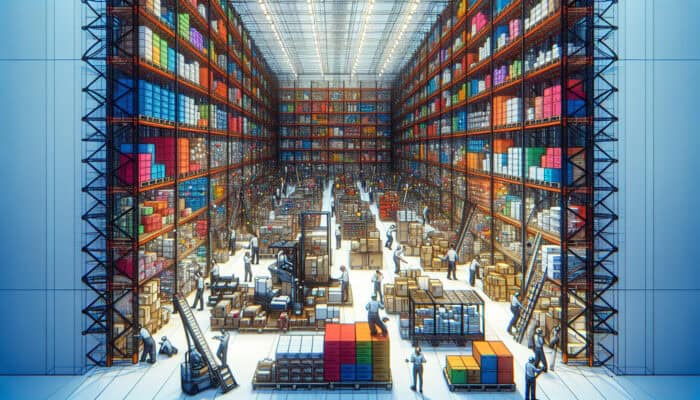 Workers in a bustling warehouse stack colorful boxes on high shelves and organize items neatly to optimize space under bright lights.