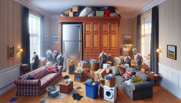 Average House Clearance Prices in the UK: A cluttered British living room during house clearance, with workers assessing a massive plaid sofa, tall wooden wardrobe, stainless steel refrigerator, and white washing machine.