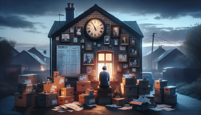 Bereavement Timelines for UK House Clearance: A somber British home at twilight with packed boxes, faded family photos, legal documents, and a clock showing 6-12 months; a grieving figure by the window.