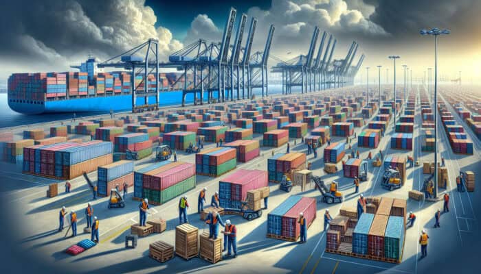 Packing Optimisation Tips for Clearance: Workers at Port of Felixstowe pack shipping containers with neatly stacked goods, optimizing space under towering cranes and a cloudy sky.