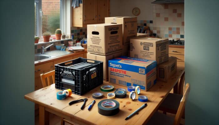 Time-Saving Techniques for House Clearance: A cluttered kitchen table with cardboard boxes, plastic crates, packing tape, labels, and a permanent marker for house clearance.