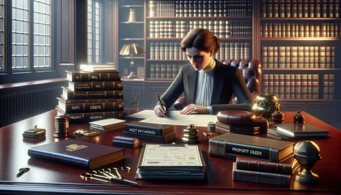 How to Clear a UK Estate Efficiently: A focused executor at an antique desk, surrounded by documents like a will and death certificate, in a dimly lit law office with books.
