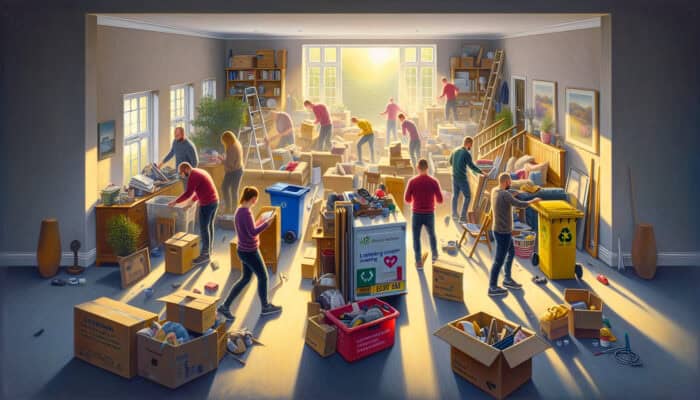 Summer Budgeting Tips for House Clearance: Workers sorting furniture and boxes in a sunlit UK home, donating items to a British Heart Foundation van, with recycling bins and charity signs.