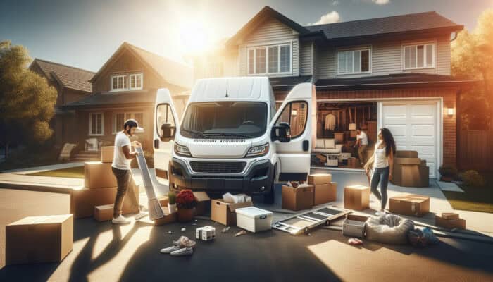 A spacious white van with open doors parked outside a cluttered suburban home, as movers load furniture and boxes under sunny skies.