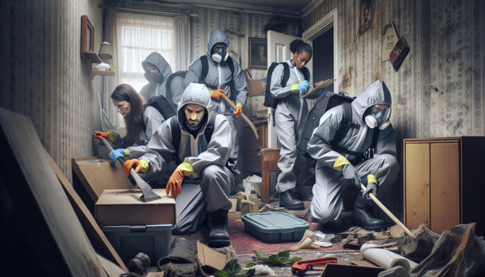 House clearance workers in protective gear handling sharp objects and debris in a cluttered, mouldy UK home.