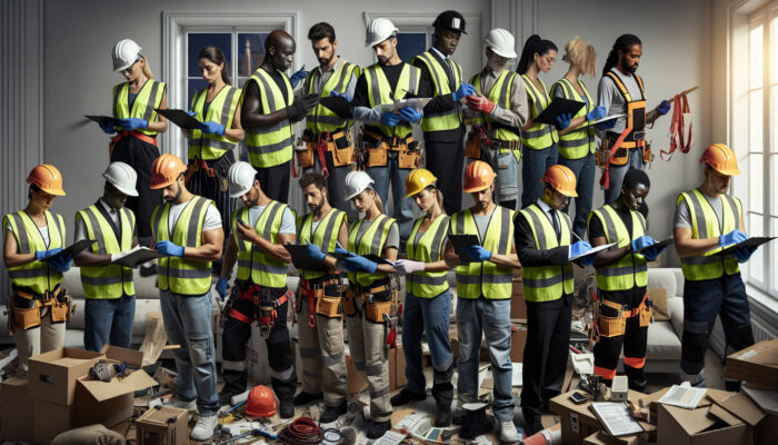 A professional team in high-visibility vests and helmets clears a cluttered UK home using HSE-certified gear and reviewing risk assessments.