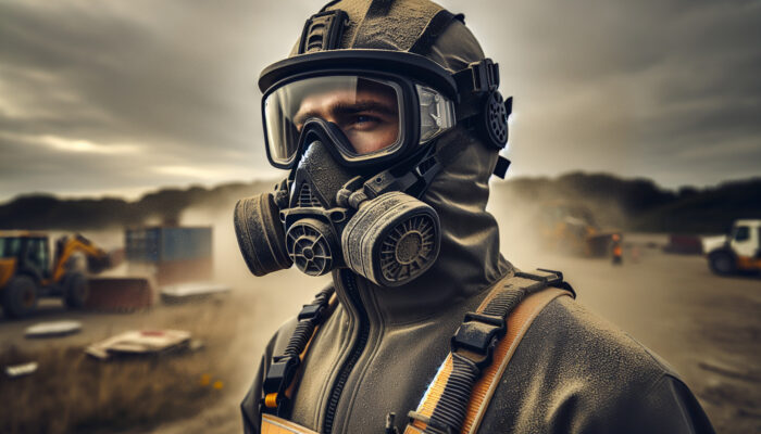 Construction worker in dusty UK site wearing anti-fog goggles, reinforced suit, and shock-absorbent helmet against debris and chemicals.