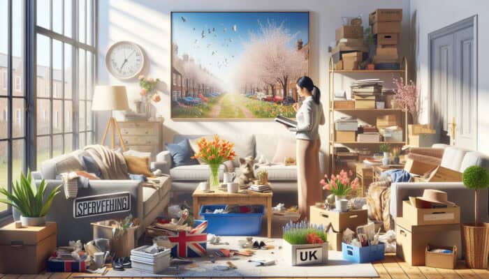 Clearing a UK Home for Spring Resale: Person in a sunlit UK living room inspects cluttered shelves and worn furniture for spring resale, with organized items and fresh blooms.