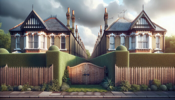 Illustration of two Victorian houses in a London suburb, separated by a wooden fence and hedge under cloudy skies, symbolizing UK boundary disputes.