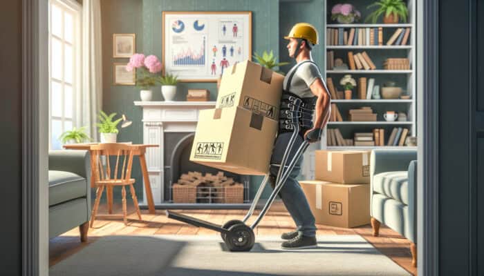 A worker in a British home demonstrates safe lifting with a back brace, dolly, and bent knees amid Victorian decor.