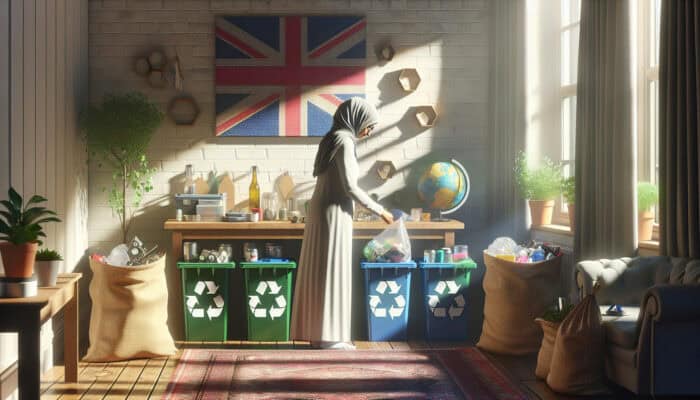 Clearing a UK Home Greenly: In a sunlit British home, a person sorts household items into eco-friendly bins and donation boxes, surrounded by plants and reusable bags.