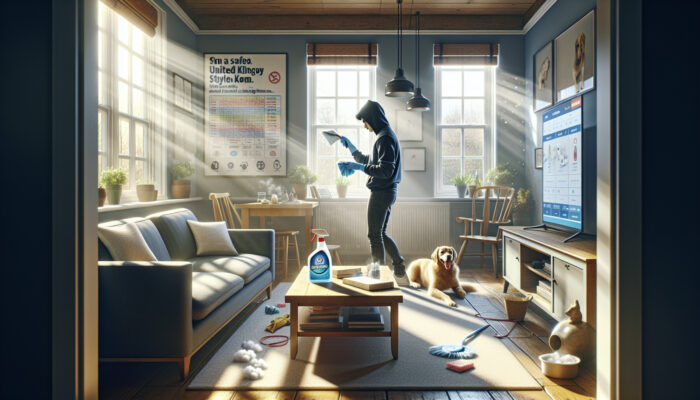 A person in a sunny UK living room cleans pet stains with enzyme-based products and a microfibre cloth, while a dog and cat relax nearby.