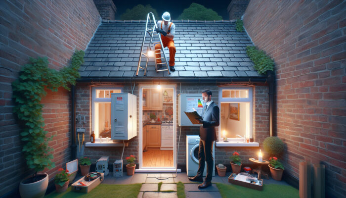 Home inspector examines traditional brick house: checking roof from ladder, testing kitchen electrical panels, inspecting sink pipes, and reviewing energy certificate.