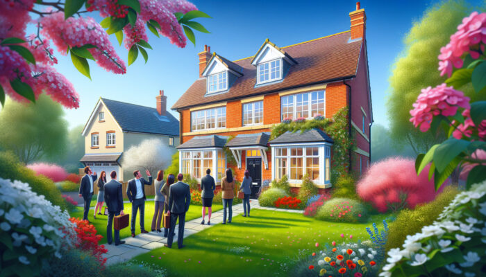 A vibrant UK suburban home in spring bloom, with colorful flowers, green lawns, and blue sky; eager buyers examining and bidding outside.