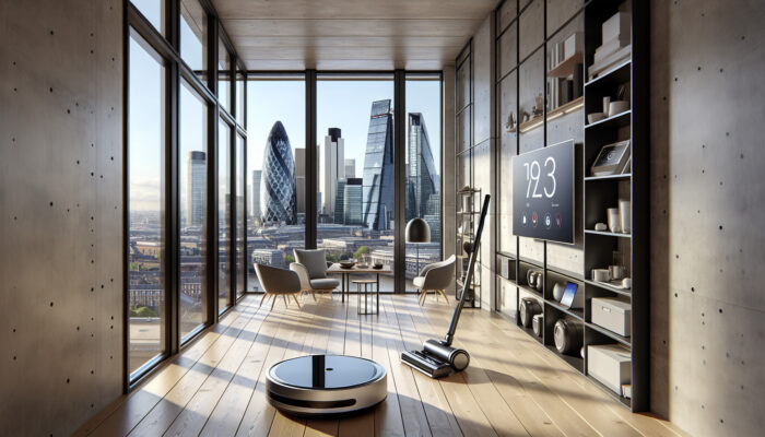 Modern London apartment with compact smart devices, including an autonomous vacuum on minimalist floors and a city skyline view.