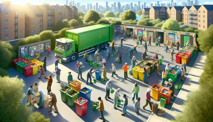 A UK community sorts recyclables into colorful bins, composts organic materials under sunny skies, and loads eco-friendly trucks for sustainable waste management.