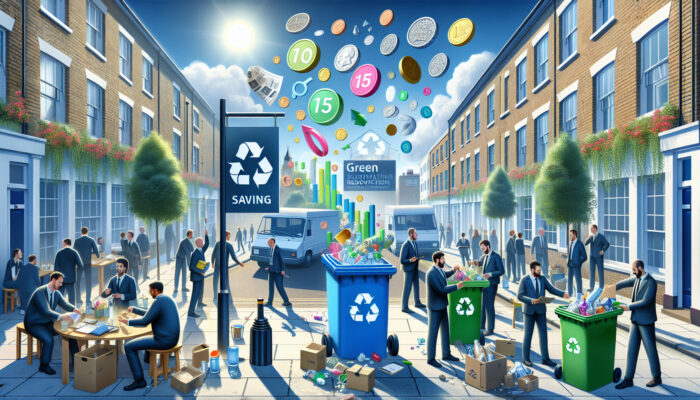 Busy UK street with workers sorting recyclables into eco bins, surrounded by floating savings symbols and graphs showing 10-15% reductions under a clear sky.