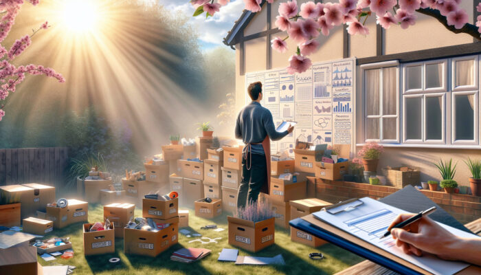 Professional organizer in a sunlit UK garden surrounded by cherry blossoms, sorting household items into labeled boxes with tips notepad.
