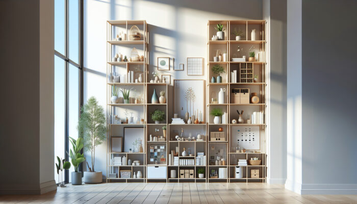 A serene modern UK urban flat with vertical shelves displaying books, plants, and mementos, embodying the KonMari method for decluttered harmony.
