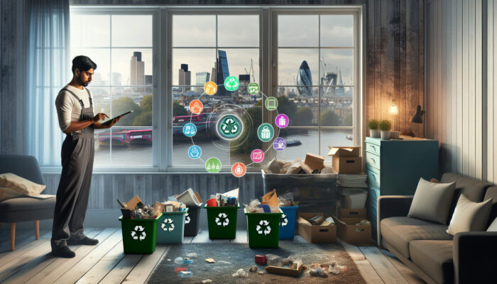 Professional in cluttered London home sorts items for recycling, consulting UK guidelines on tablet, with eco bins and city skyline visible.