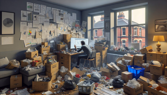 A person in a cluttered UK living room reviews a budget spreadsheet on a laptop, surrounded by boxes, furniture, bins, and notes, with Manchester skyline visible.