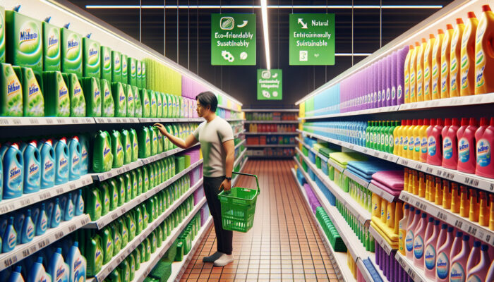 A vibrant Tesco aisle with eco-friendly cleaning products and a shopper examining items under bright lights.