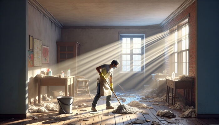 A cleaner in gloves and apron mops dusty floors in a sunlit, empty house after clearance, evoking renewal.