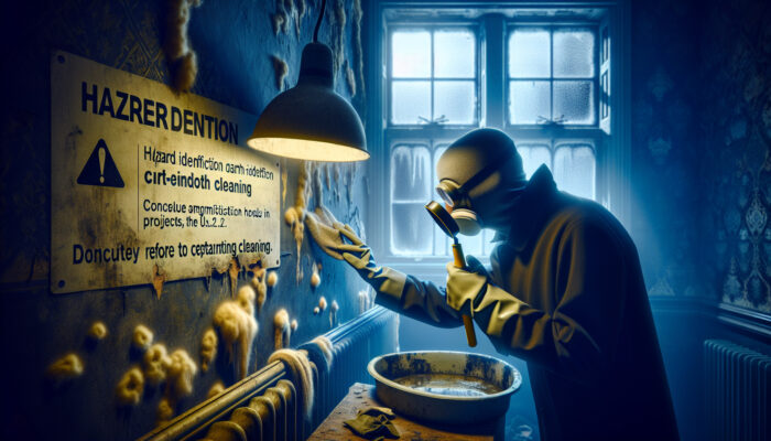 A cautious cleaner examines mouldy walls in a dimly lit UK Victorian house, holding tools to identify hazards before cleaning.