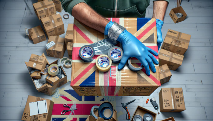 A gloved hand applies three strips of packing and duct tape to seal cardboard boxes in a cluttered British home during house clearance.