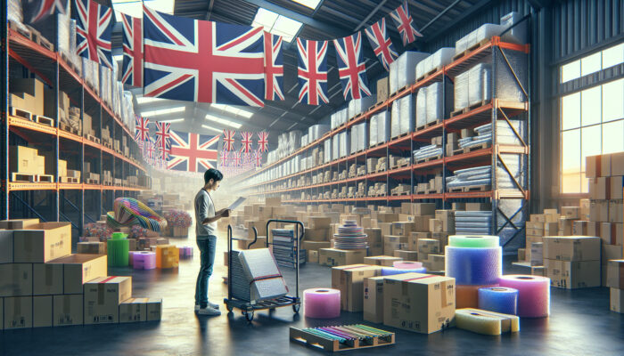 A busy UK warehouse with colorful stacks of boxes, bubble wrap, and cushioning; a shopper checks a list under Union Jack banners.