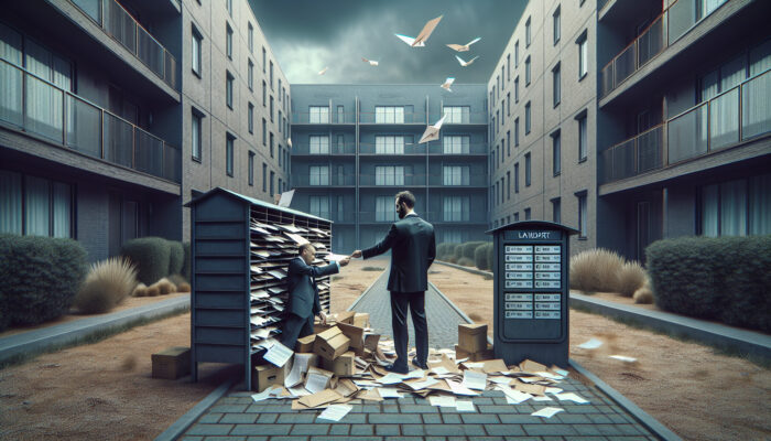 A landlord in a suit hands an eviction notice to a tenant outside a modern apartment building with overflowing mailboxes, digital screens, scattered documents, and an overcast sky.