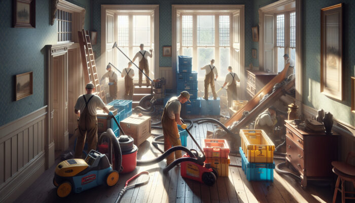 Workers in a cluttered Victorian-era British home using lifting straps, sorting crates, and vacuums during house clearance, with sunlight highlighting tools.