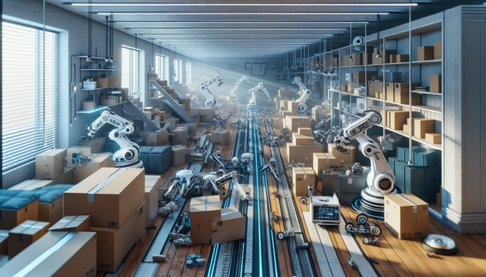 Futuristic home cluttered with boxes and furniture, as robotic arms and AI drones sort items efficiently under bright lights.