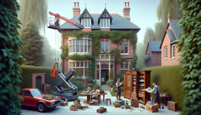 A historic UK home with red brick and ivy: hydraulic lift hoisting antique wardrobe outside, person sorting heirlooms inside.